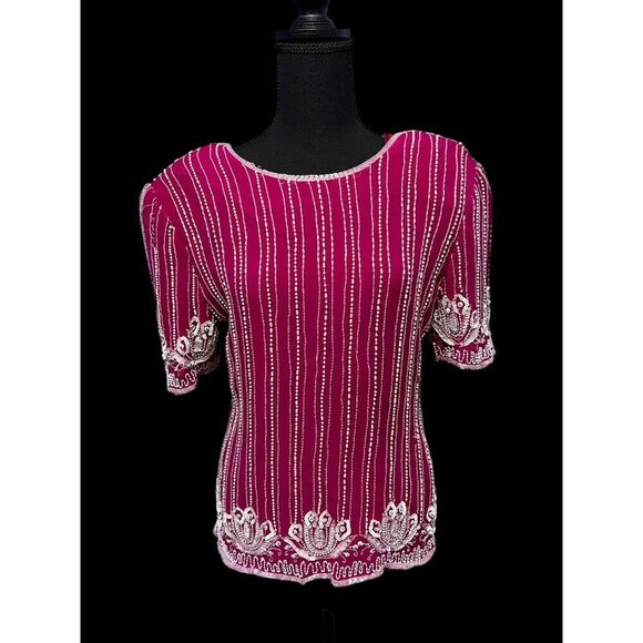 Vintage Fuchsia Beaded Silk Blouse With Pearl & Sequin Embellishments Short Slee - Picture 2 of 11